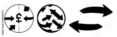 Global currency exchange arrows set with solid black icon on white background featuring line art, finance, trading, currency, international with simplicity and clarity