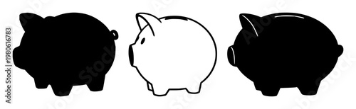 Piggy bank set with solid black icon design featuring digital, savings, finance with money and banking and cost and investment