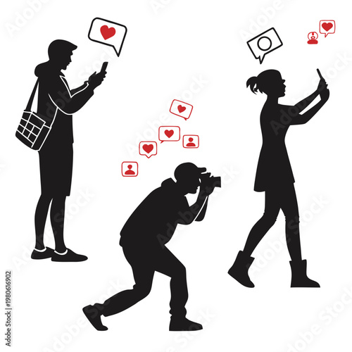 A vector graphic illustration of people interacting with social media on their phones and a photographer capturing the moment.