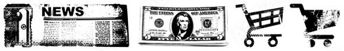 Grungy of news, money, and cart, textured vector symbols, isolated elements for design, distressed print aesthetic.