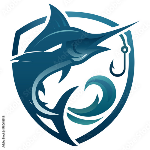Marlin Swordfish Jumping with Hook and Wave Shield Logo. Dynamic vector illustration of a jumping marlin or swordfish. Features a stylized fish silhouette
