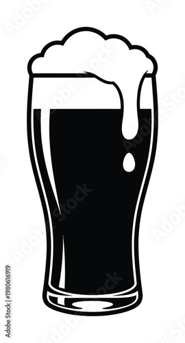 Vector graphic of a frothy beer glass filled with a dark ale and overflowing white foam at the top