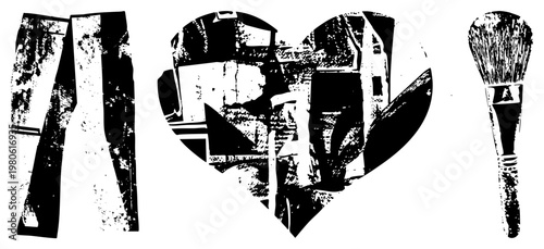 Black and white stylized heart filled with makeup items, cosmetic brush, foundation sponges, isolated graphic, beauty art, halftone texture, vector design.