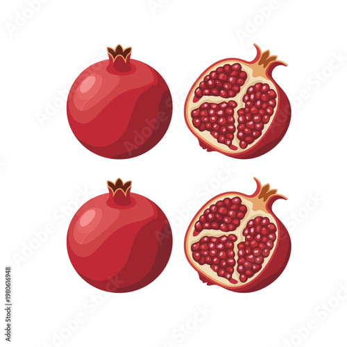 Isometric pomegranate set illustration, whole and sliced fruits, holiday celebration pattern element, juice packaging concept, antioxidant superfood vector design