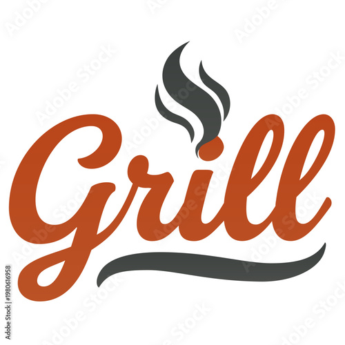 Retro Vintage Script Grill Logo with Flame and Swosh. Stylized retro script lettering "Grill" in terracotta orange.