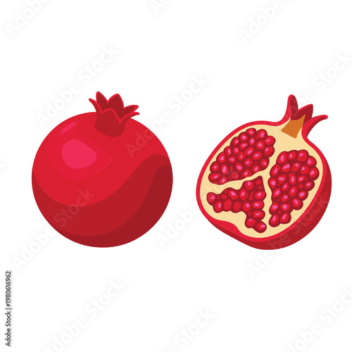 Isometric pomegranate pair illustration, whole fruit and open seeds, cocktail garnish icon, juice bar label, festive kitchen vector design