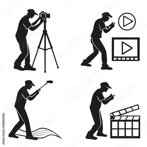 A set of black silhouette icons depicting a filmmaker and photographer at work with various equipment