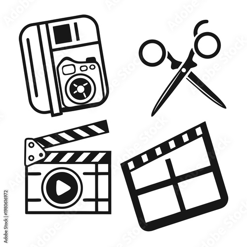 A set of film and photography icons including a camera, clapperboard, and scissors on a white background