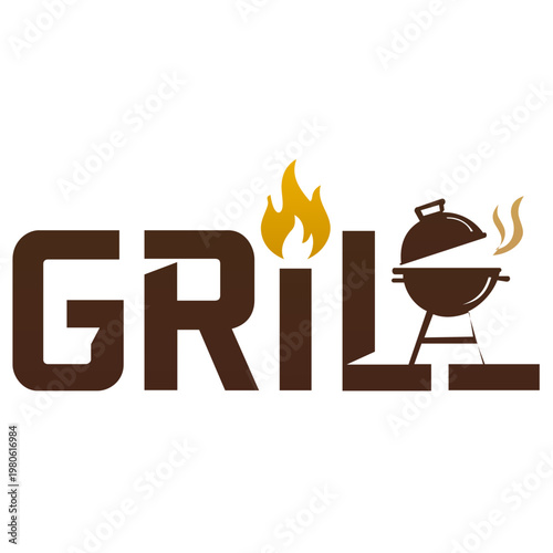 Modern BBQ Grill Typography Logo with Flame and Kettle Grill Icon. Professional vector logo featuring the word "GRILL" in bold brown letters. Creative design.