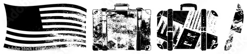 Worn suitcase with straps and handle, American flag with textured stripes, retro travel, distressed vector, luggage, vintage wanderlust theme.