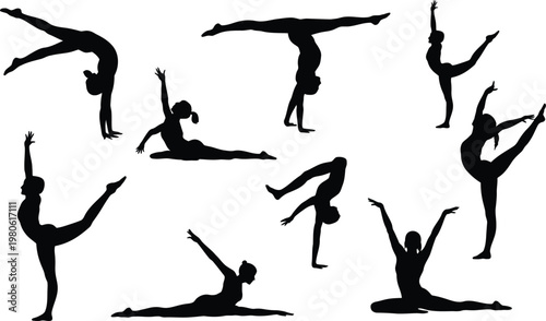 Black silhouettes of gymnasts in various poses gymnastics