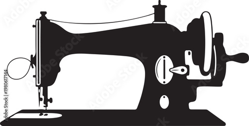 Black silhouette of a vintage sewing machine white background