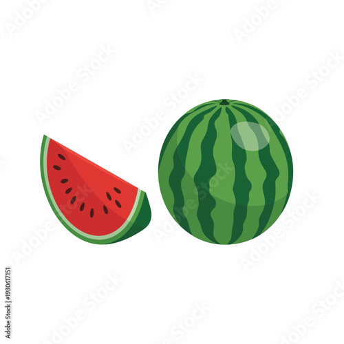 Isometric watermelon whole and cut slice, juicy summer fruit, farmers market poster, picnic party, organic food label, fresh produce vector