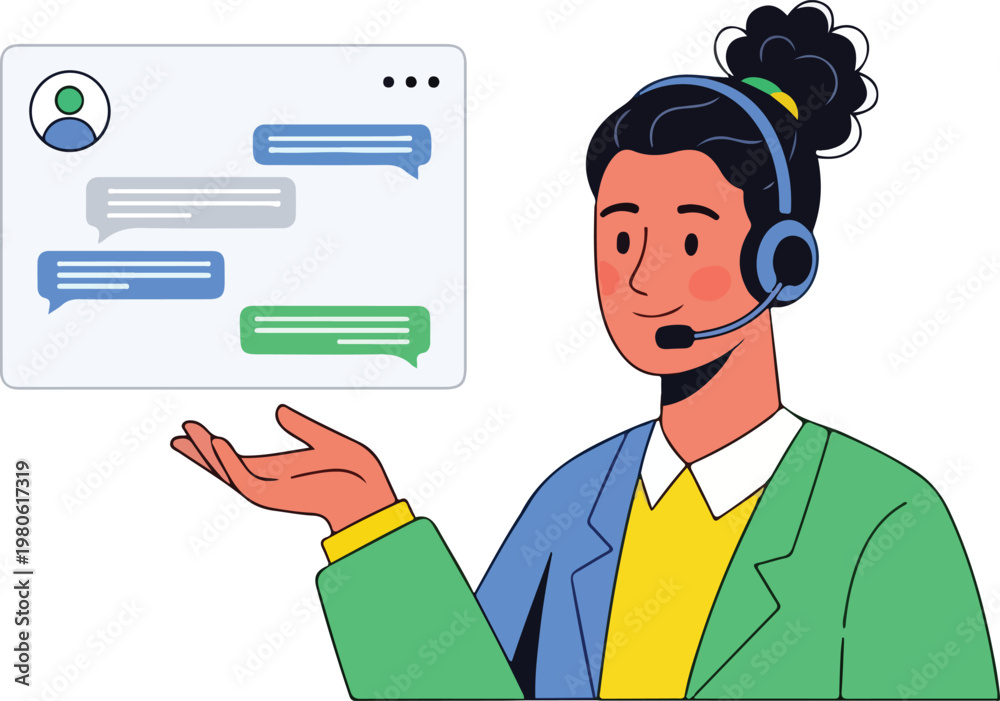 Fototapeta premium Friendly female customer service representative wearing a headset, presenting a chat interface with speech bubbles, symbolizing online support, communication, helpdesk services, and virtual assistance