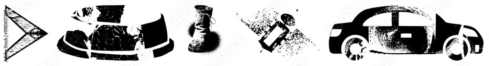 Obraz premium Stylized vector with halftone textures, fragmented forms, and isolated silhouettes, including arrow, boot, camera, and car minimalist graphic design elements.