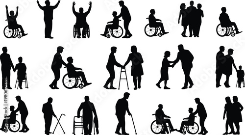 Silhouettes of people with disabilities and caregivers