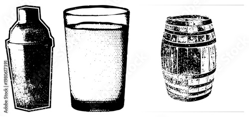 Classic bar tools and beverage containers rendered in halftone style, cocktail shaker, tumbler glass, whiskey barrel, essentials, vintage barware.
