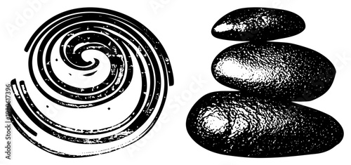 Abstract spiral with textured, stacked stones with speckled shading, minimalist graphic, zen design, art, vector silhouette, calm composition.