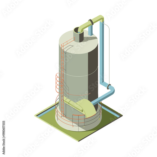 Vertical processing tower, industrial reactor with pipelines, manufacturing plant equipment, refinery maintenance training, safety compliance poster, isometric engineering illustration vector