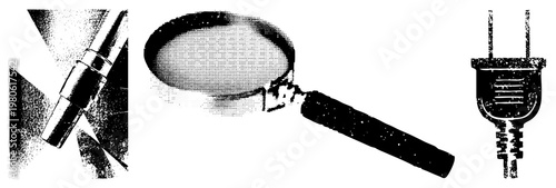 Halftone rendered magnifying glass, electrical plug, and pipe vector, isolated on transparent background. Classic design elements for technical or industrial themes.