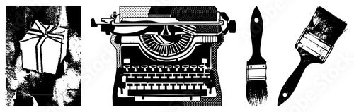 Retro typewriter, wrapped gift, paintbrushes rendered in halftone dot, vector illustrations, creative tools, artistic equipment, nostalgic design elements.