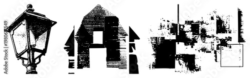 Classic lantern streetlight, stylized house with halftone texture, fragmented cityscape blocks, vector art, urban design elements.