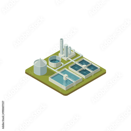 Isometric wastewater treatment plant, aeration basins, settling tanks, pump station, environmental utility, municipal infrastructure, clean vector illustration, sanitation engineering design