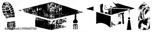 Academic cap, spray paint can, shoe prints, urban art symbols, street culture, graffiti elements, educational milestones.