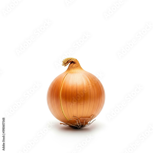 A large yellow onion sits isolated on a white background