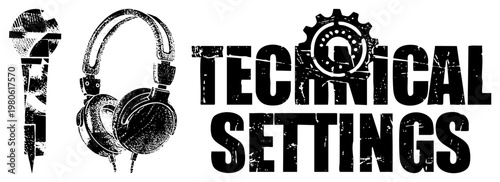 Graphic logo with headphones, microphone, and gear, bold distressed typography, tech equipment, studio recording gear, digital workstation.