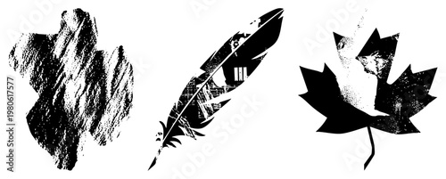 Distressed feather quill and maple leaf cutouts with gritty texture, vintage graphic design, vector art, stylized nature motifs.