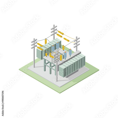Isometric substation construction site, gantry structure, workers platform, crane frame, electrical upgrade, infrastructure project, editable vector illustration, engineering development design