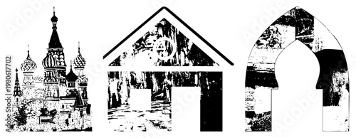 Vector silhouette of buildings Russian Orthodox church with onion domes, rustic house with gable, Islamic doorway, all in halftone texture.