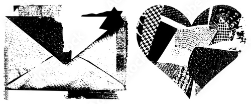 Stylized heart and envelope composed of fragmented geometric shapes, halftone textures, and stark black and white contrast, ideal for graphic design or retro digital art.