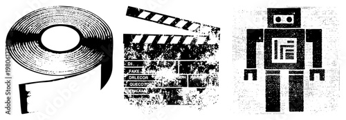Stylized film reel with spiral grooves, weathered clapperboard with fake credits, pixelated robot with halftone texture classic cinema and retro tech symbols.