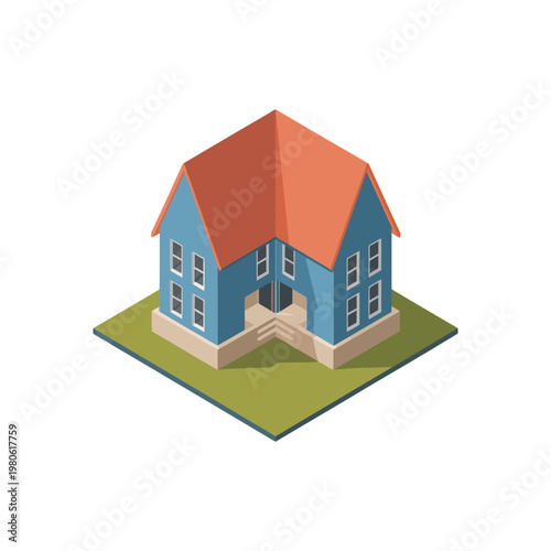 Isometric suburban house, home with red roof, neighborhood architecture, real estate listing graphic, property investment seminar, housing market vector illustration