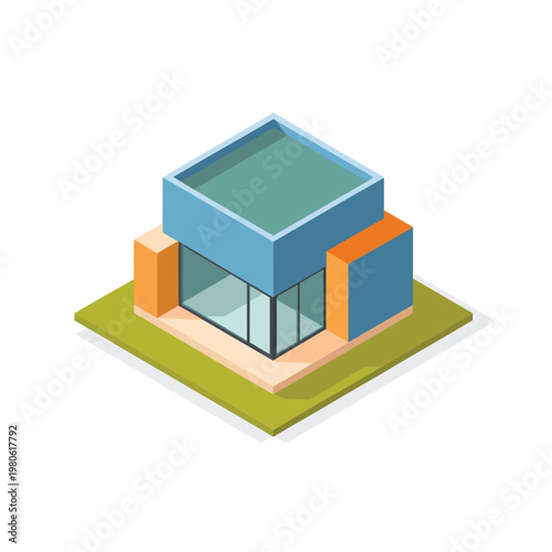 Modern cube isometric house, glass facade, compact villa, property promotion, real estate expo, architecture portfolio session, contemporary home vector