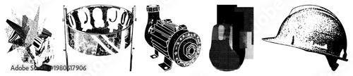 Vector illustrations of industrial equipment and safety gear rendered in halftone, including motor, mixer, pump, boot, and helmet, ideal for technical manuals or safety posters.