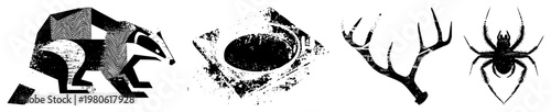 Abstract animal forms rendered in bold black shapes with hatching, halftone, and distressed textures badger, eye, antlers, spider ideal for graphic design, tattoos, or print.