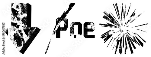 Stylized vector with distressed texture arrow, pen nib, and explosive burst. Graphic design elements for digital interfaces, web buttons, or print.