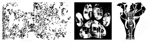 Stylized bird flock, dog paw print, elephant silhouette rendered in distressed vector art, isolated graphic elements with textured, artistic design.