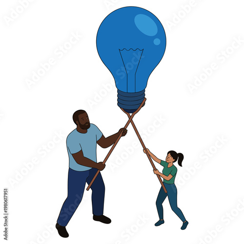 Two people pulling a huge blue light bulb with sticks together outdoors