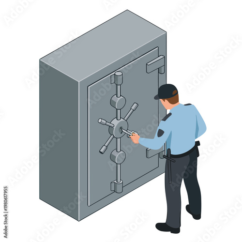 Security guard opening large metal safe in office environment.