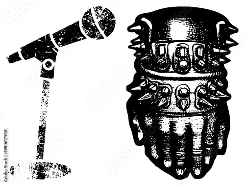 Stylized microphone with gritty texture, glove with bone motifs, punk rock, vector illustration, black and white graphic.