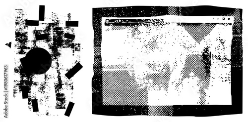 Fragmented digital glitch with halftone dots, black rectangular fragments, circular voids, and distorted screen like forms, vector art with noise texture.