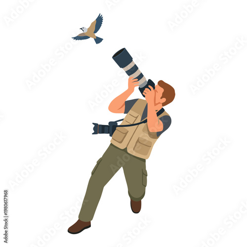 Man takes photo of flying bird with camera equipment outdoors