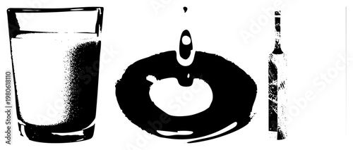 Stylized halftone graphic of drinking glass, water droplet splash, and bottle,, isolated elements, artistic texture, vector art, beverage.