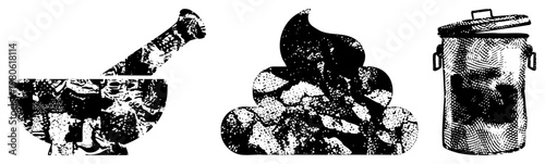 Traditional mortar and pestle for grinding herbs, campfire embers with glowing texture, metal trash can with lid, all rendered in halftone vector style.