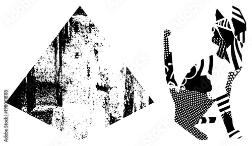 Stylized warrior with headdress and raised arm beside, halftone texture, black and white, ancient Egypt, glyph art, vector illustration.
