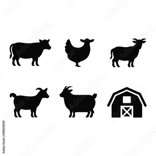 Barn and livestock icon pack, cow goat sheep and chicken silhouettes for dairy farm advertisement, ranch festival poster, vector